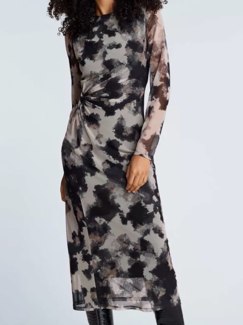 Kenneth Cole Long Sleeve Tie-Detail Midi Dress In Black & Gray